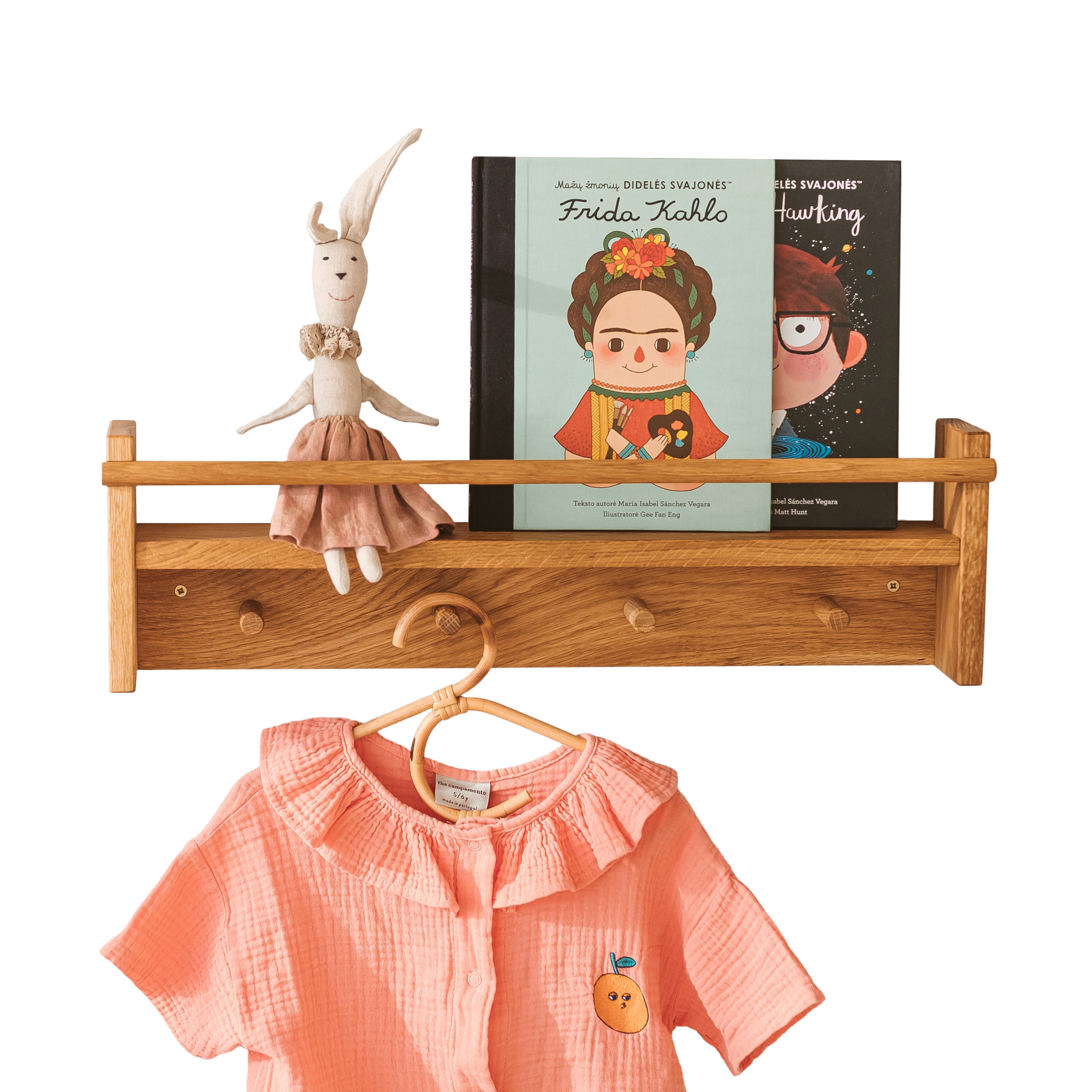 MINICAMP Floating Kids Bookshelf With Coat Hooks Made of Solid Oak