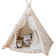 MINICAMP Cat Teepee & Small Dog Tent in Ecru With Pompoms – Size S