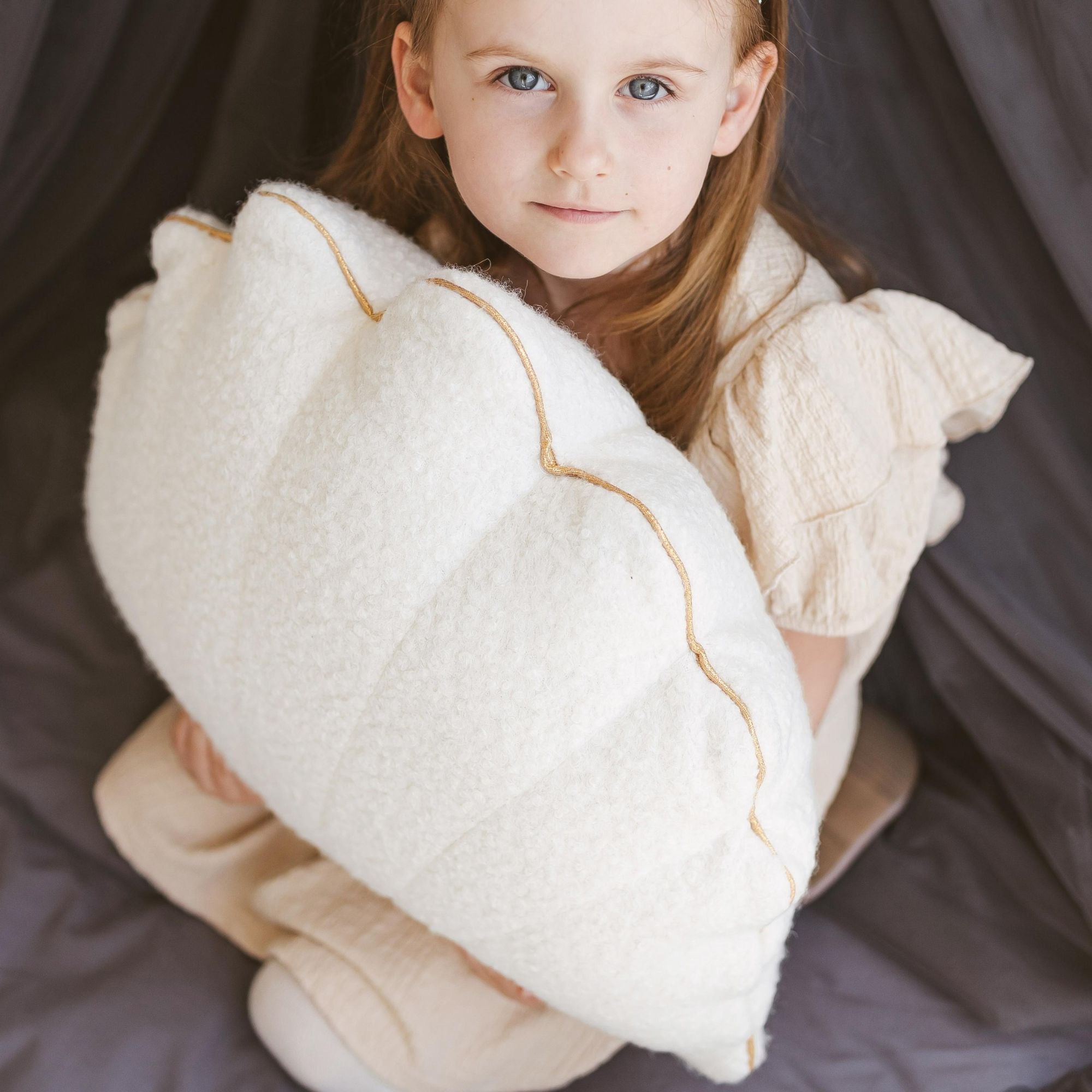 MINICAMP Ecru Boucle Seashell Cushion With Chic Golden Trim