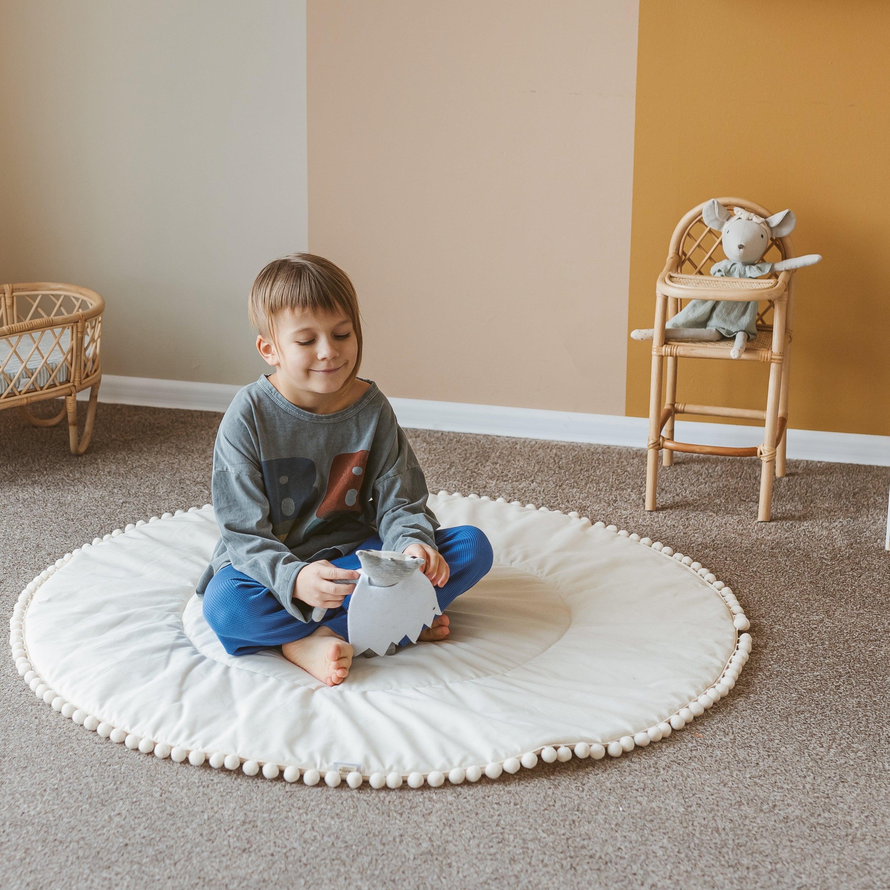 MINICAMP Kids Playmat With Pompom Border in Ecru