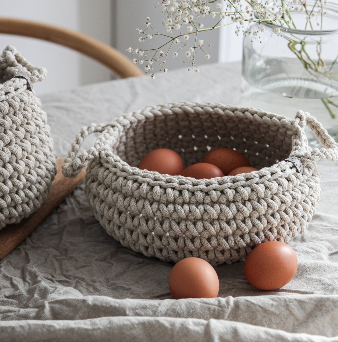 Crochet Flat Basket, Small | BEIGE