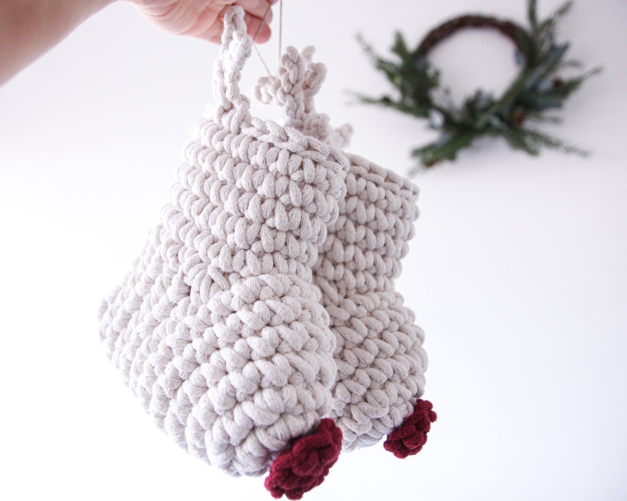 Crochet Reindeer Stocking IVORY & RED NOSE