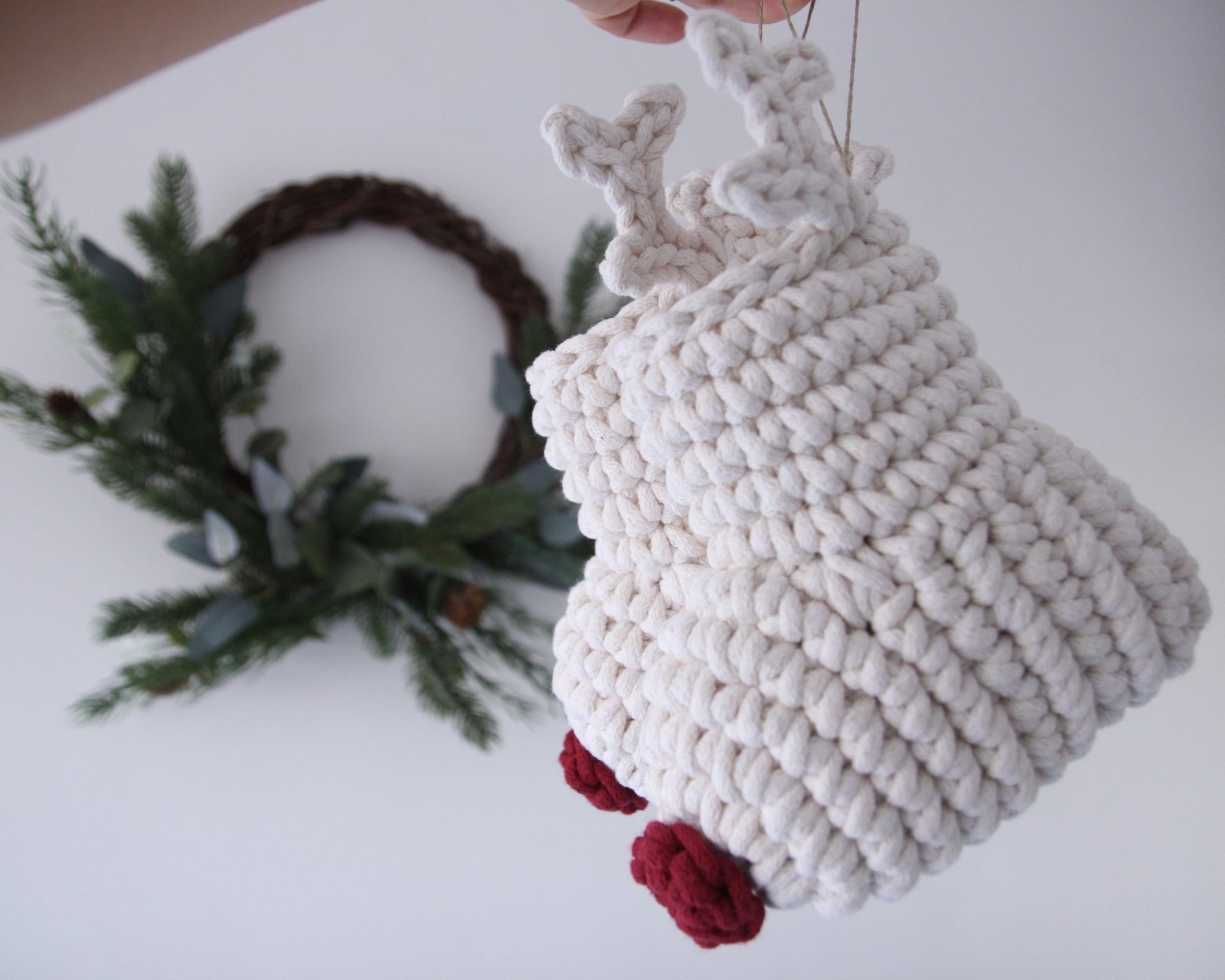 Crochet Reindeer Stocking IVORY & RED NOSE