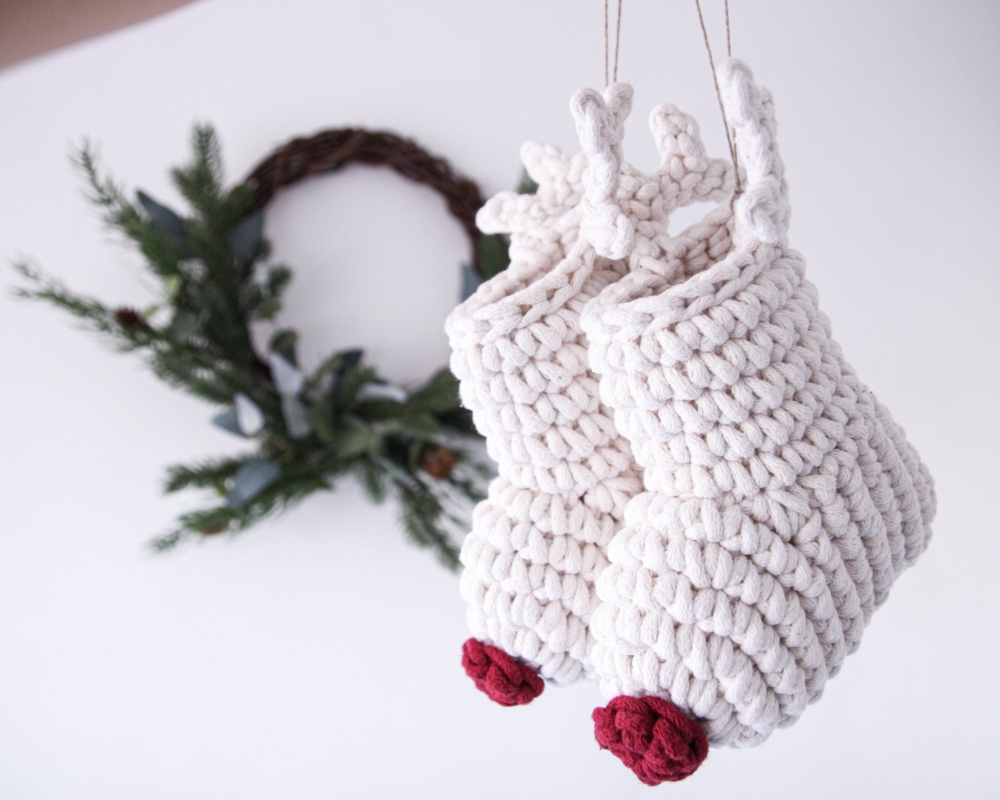Crochet Reindeer Stocking IVORY & RED NOSE