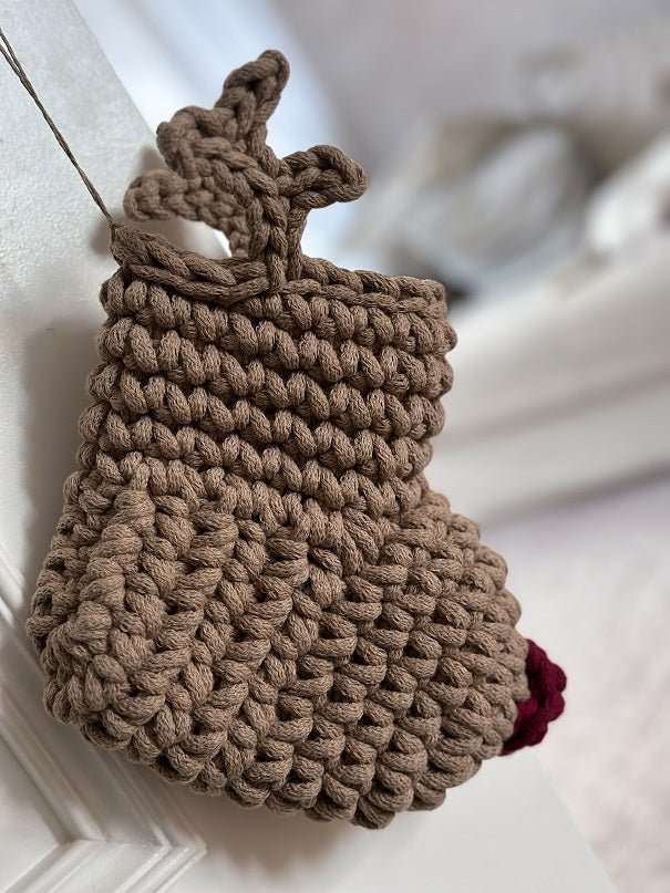 Crochet Reindeer Stocking | Cappuccino & Red Nose