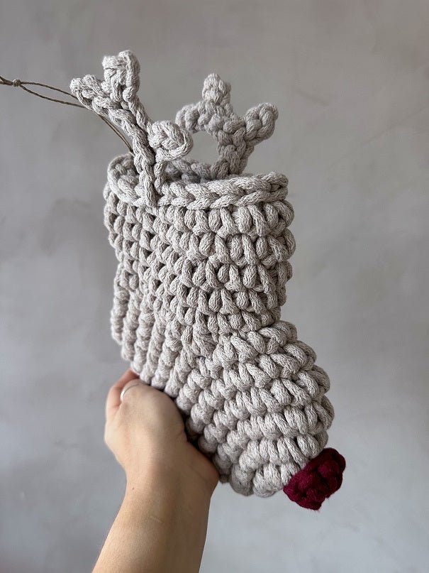 Crochet Reindeer Stocking OATMEAL & RED NOSE