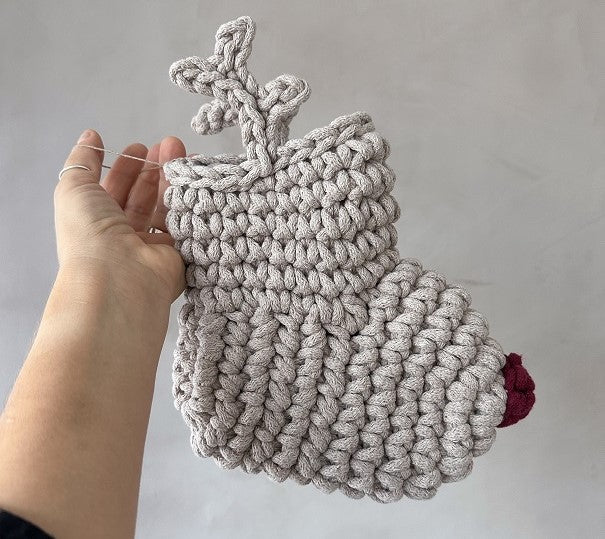 Crochet Reindeer Stocking OATMEAL & RED NOSE