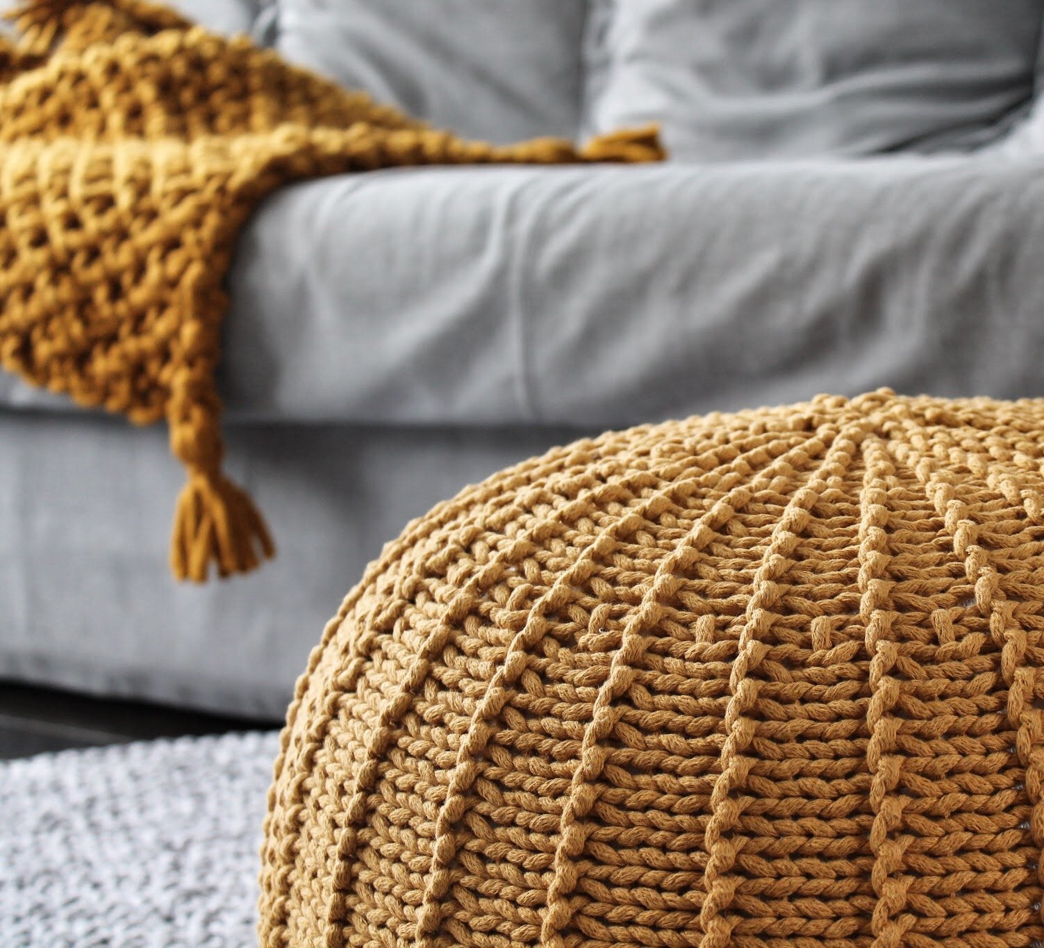 Knitted Pouffe, Medium | MUSTARD